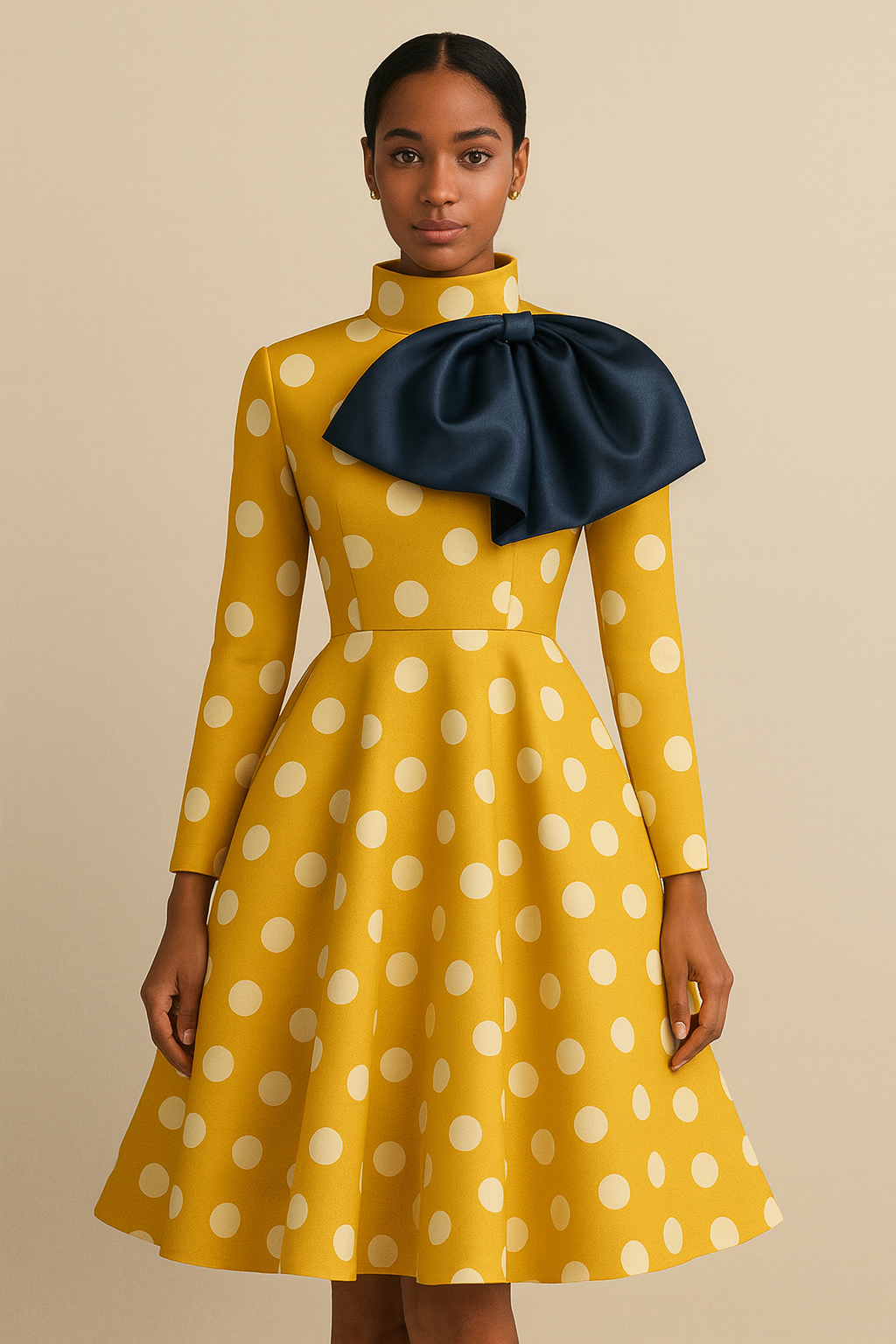 The Golden Grace Polka Dot Dress – Navy Bow Edition