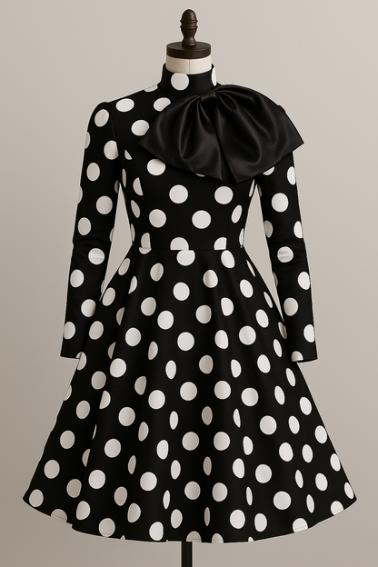 The Royal Noir Polka Dot Dress – Bow Collar Edition