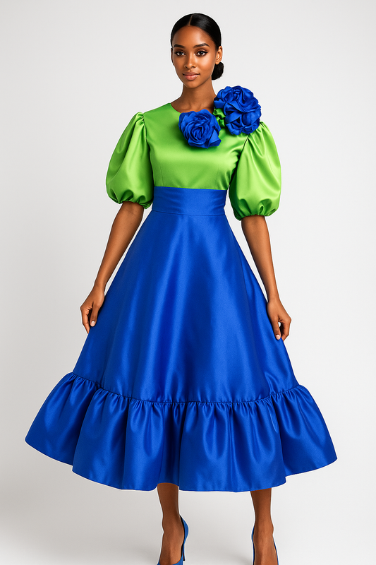The Royal Garden Bloom Dress – Emerald & Sapphire Edition