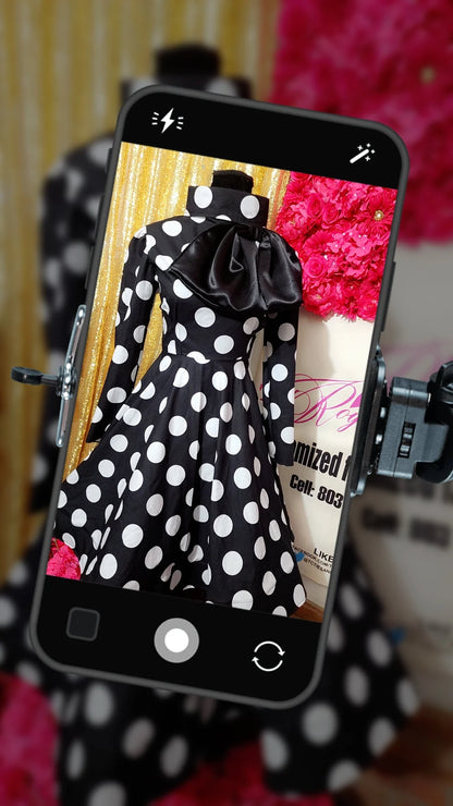 The Royal Noir Polka Dot Dress – Bow Collar Edition
