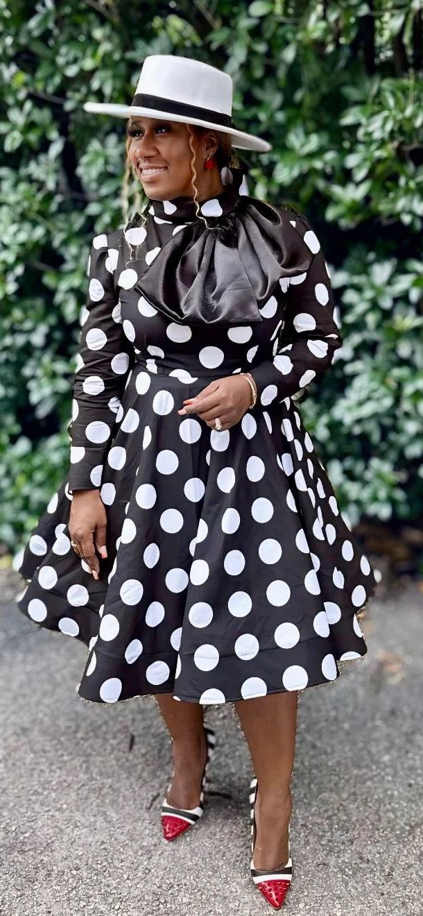 The Royal Noir Polka Dot Dress – Bow Collar Edition
