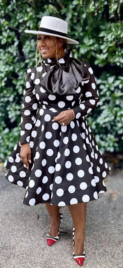 The Royal Noir Polka Dot Dress – Bow Collar Edition